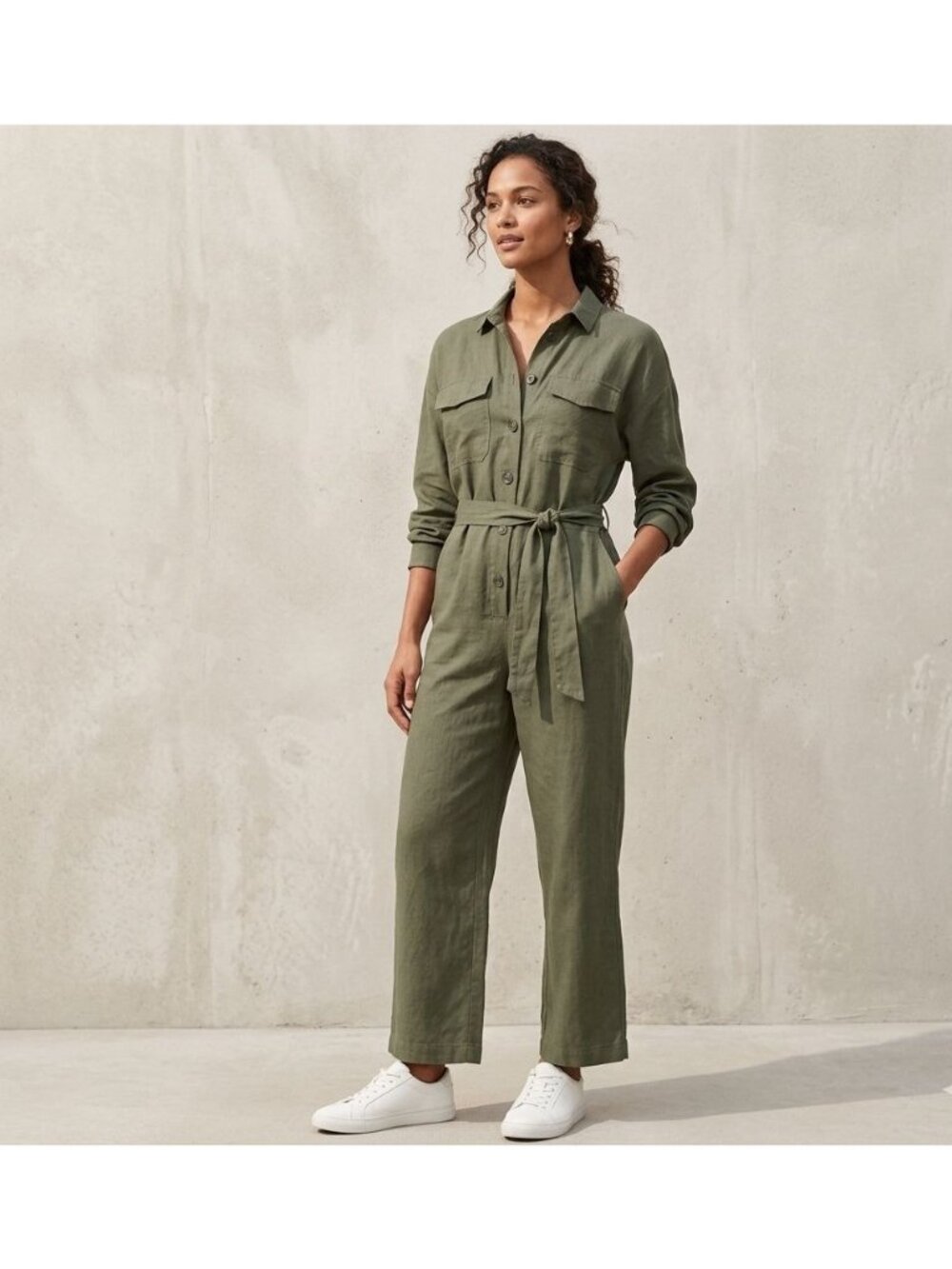 H&M Jumpsuit Size 6 Olive Green Short-Sleeve Button-Front Waist Tie